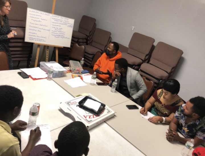 A group gathers for a listening session